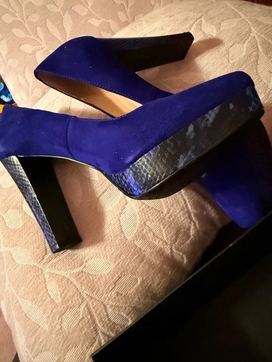 Calvin Klein Blue Suede High Heel Pumps with Textured Platform - Picture 12 of 16